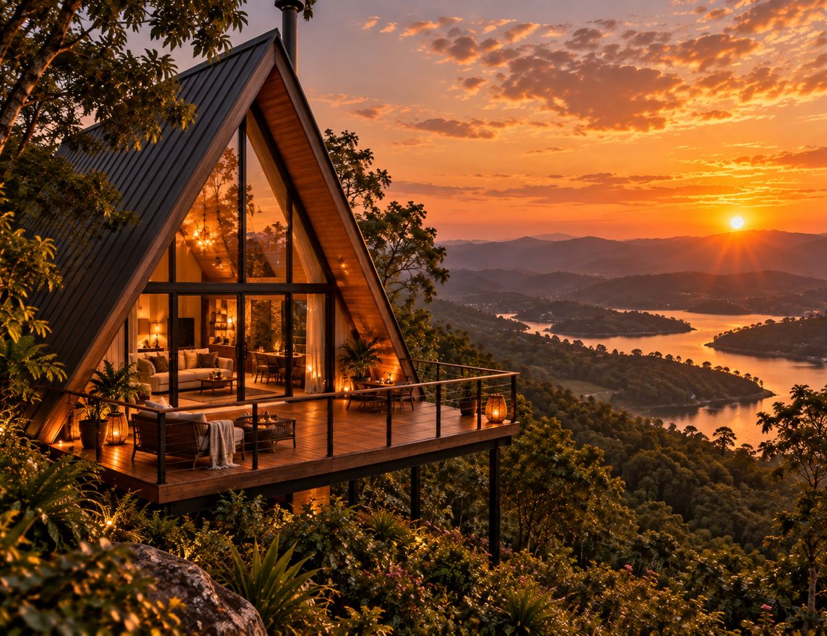 Ilustração de chalé A-Frame iluminado ao entardecer, no alto da mata, com o vale e a represa ao fundo