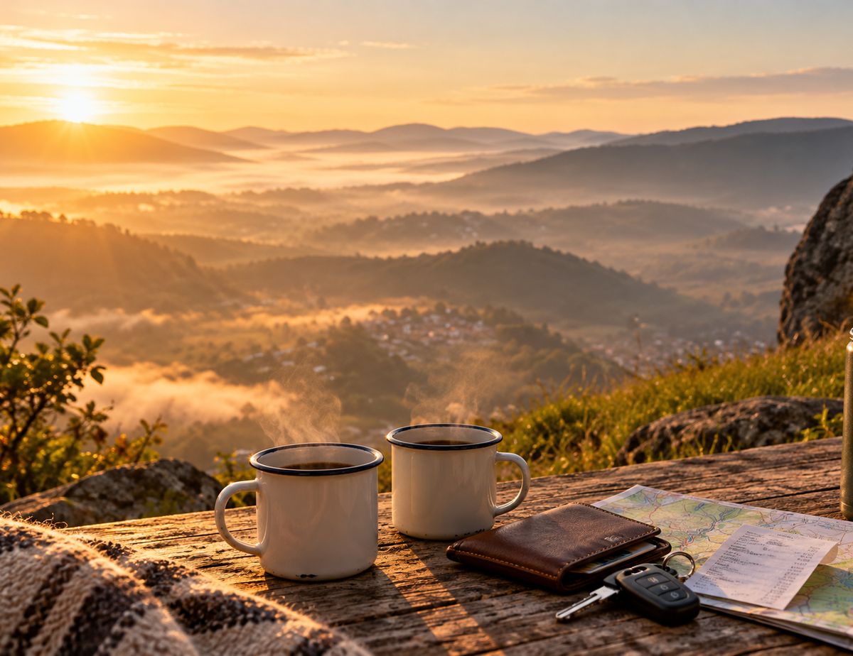 Ilustração de duas canecas de café, carteira, chave de carro e mapa sobre pedra, com o vale ao amanhecer