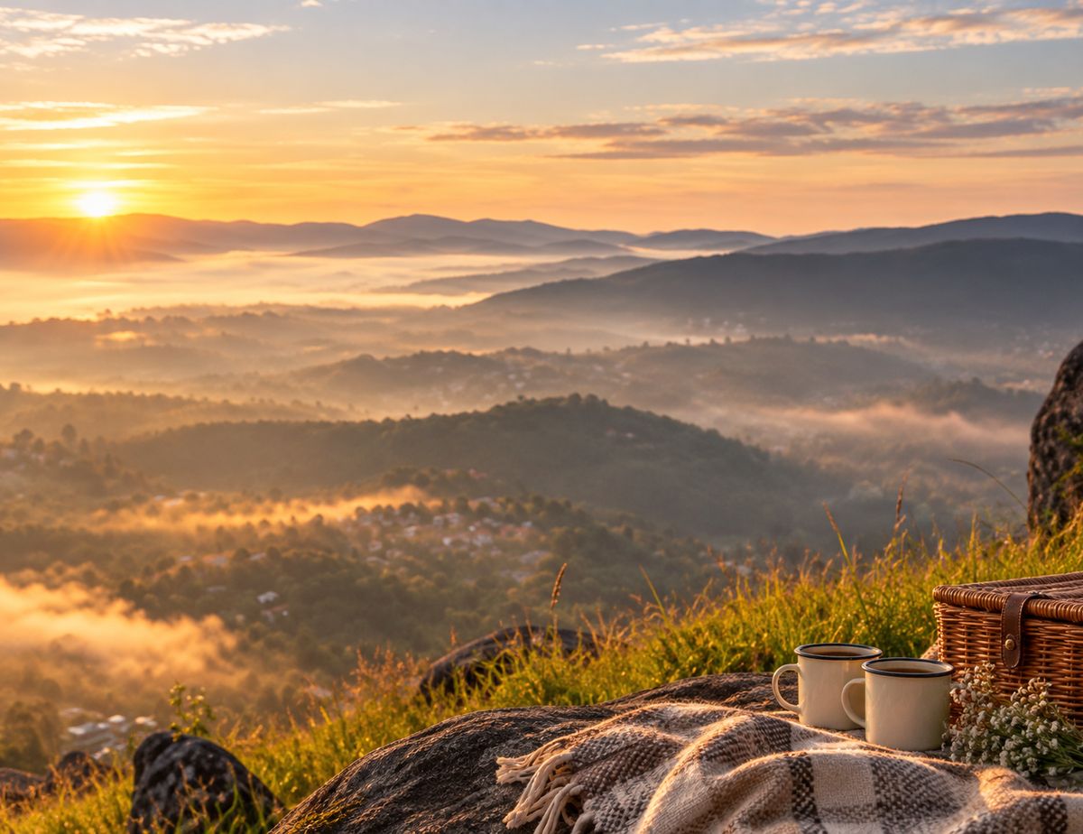 Ilustração de piquenique com manta e cesta no alto do morro, com névoa preenchendo o vale ao amanhecer