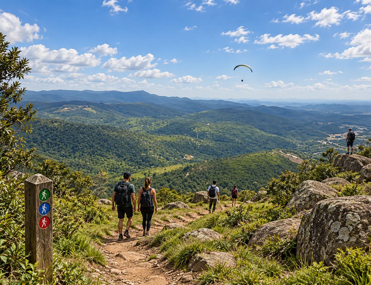 Ilustração de grupo caminhando em trilha de serra, com placa de sinalização e um parapente ao fundo